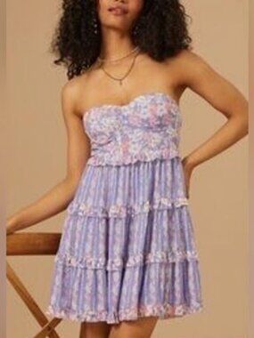 Altar'd State Lavender Floral Strapless Tiered Mini Dress